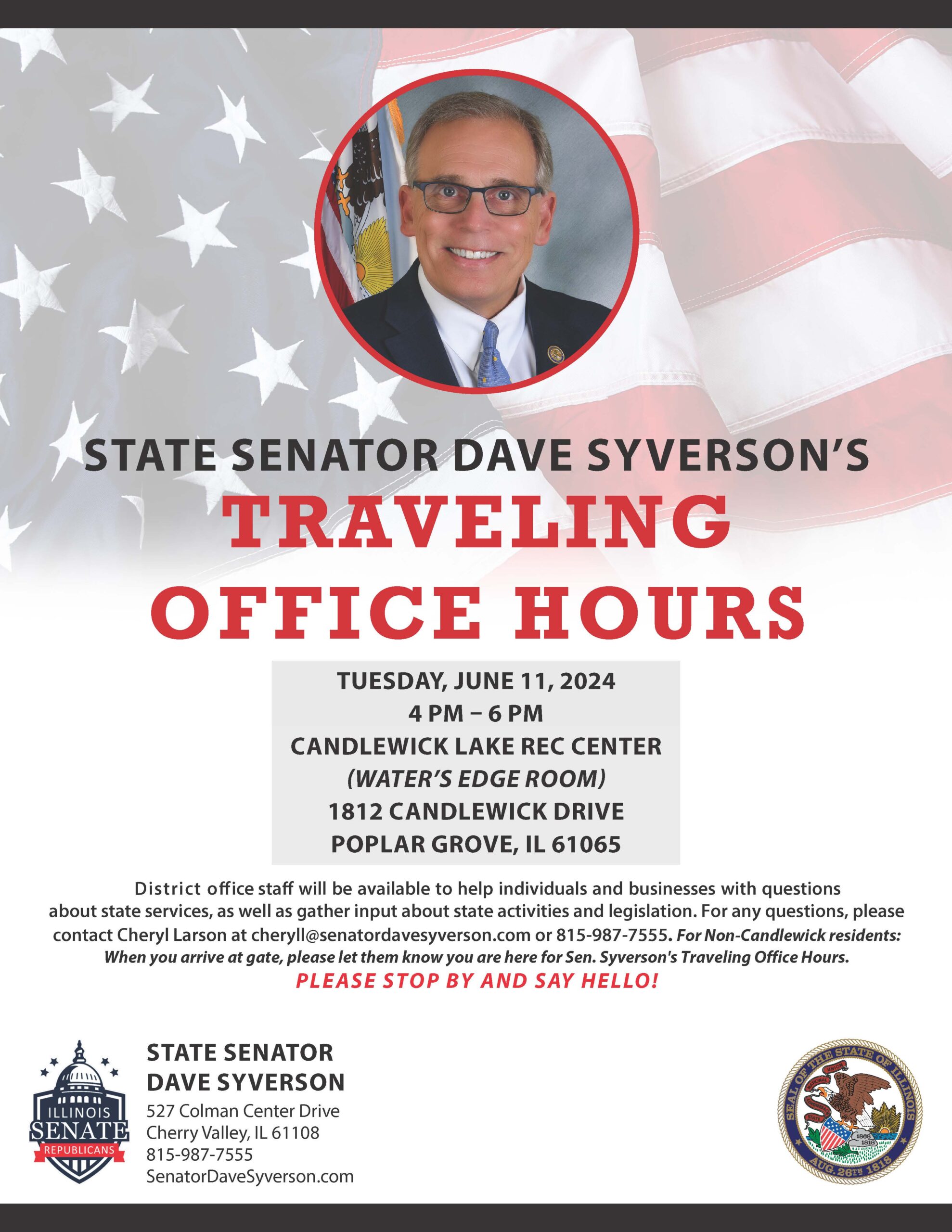Senator Dave Syverson schedules Traveling Office Hours on June 11 at Candlewick Lake Rec Center in Poplar Grove