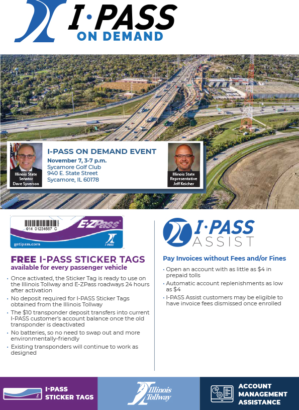 Lawmakers partner with Illinois Tollway to host I-PASS ON DEMAND event Nov. 7 at Golf Club in Sycamore