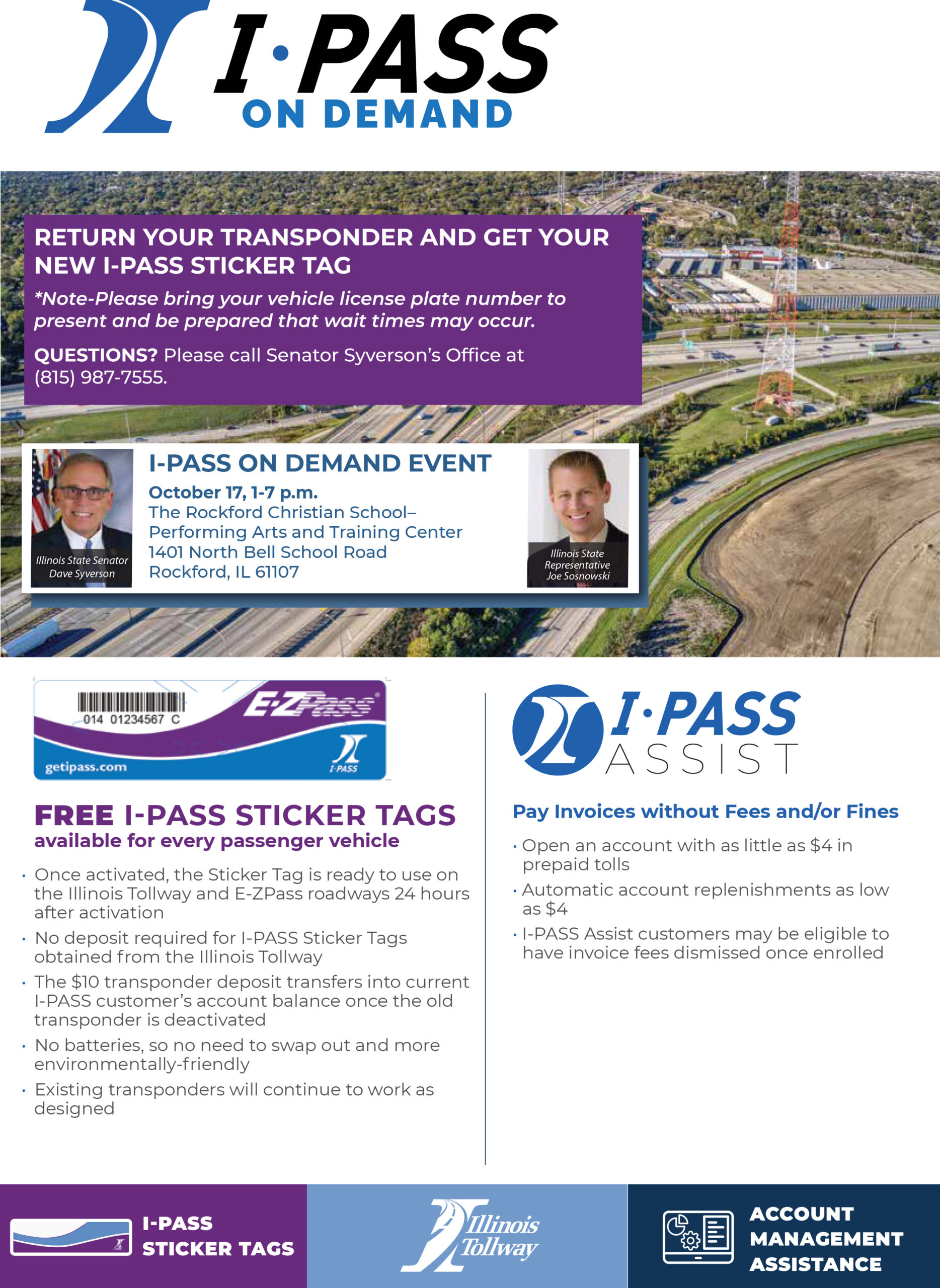 Lawmakers partner with Illinois Tollway to host  I-PASS ON DEMAND event Oct. 17 at The Rockford Christian School