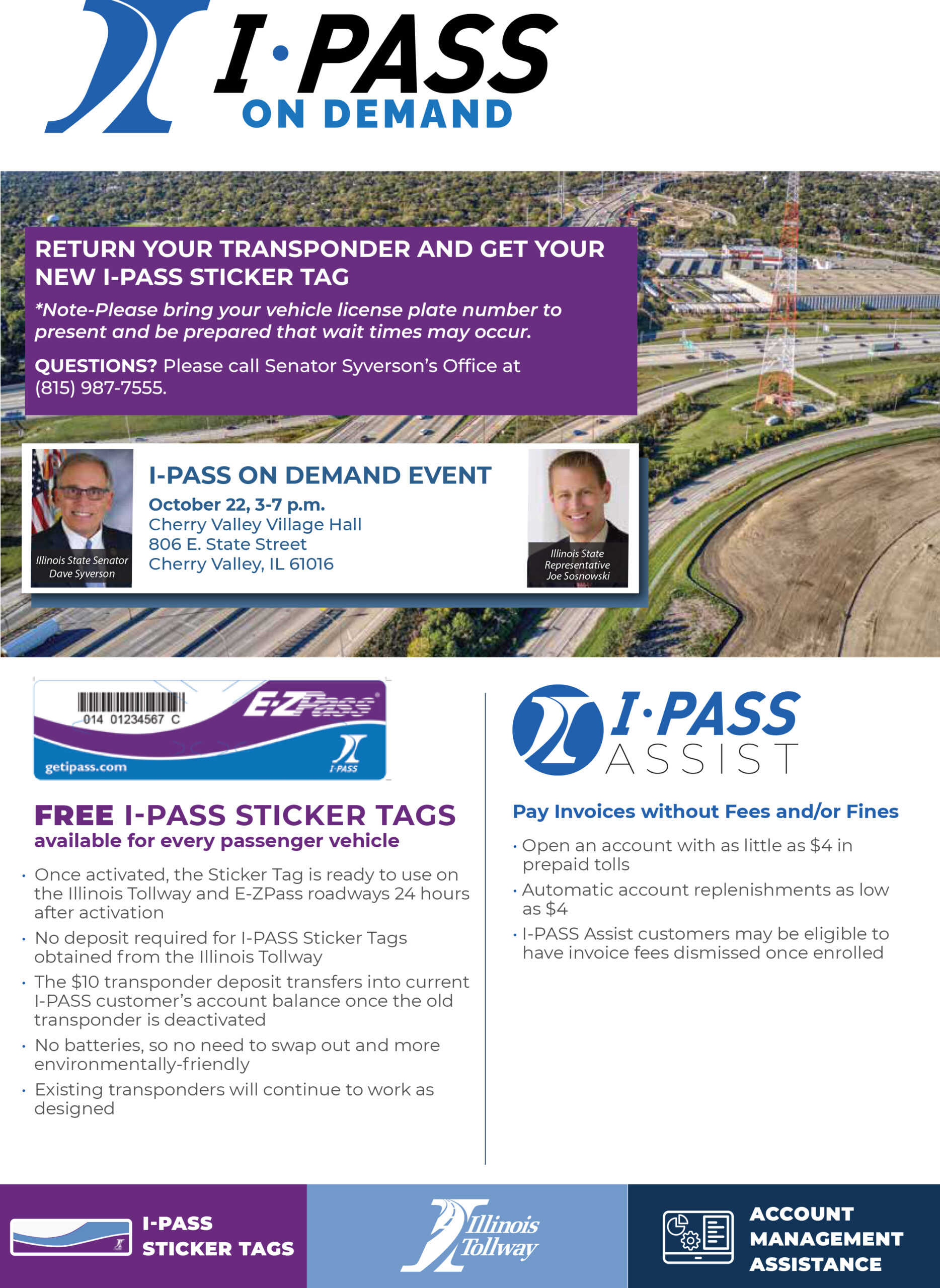 Lawmakers partner with Illinois Tollway to host I-PASS ON DEMAND event Oct. 22 at Village Hall in Cherry Valley